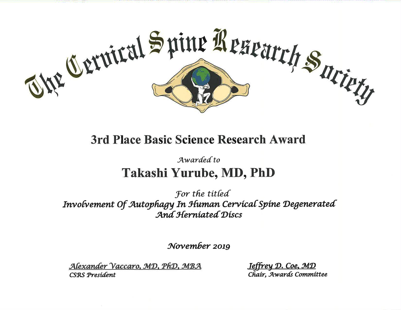 由留部崇先生が47th CSRS Annual Meetingで3rd Place Basic Science Research Paper Awardを受賞しました。