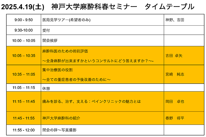 2025年4月19日(土)神戶大学麻酔科春セミナー
