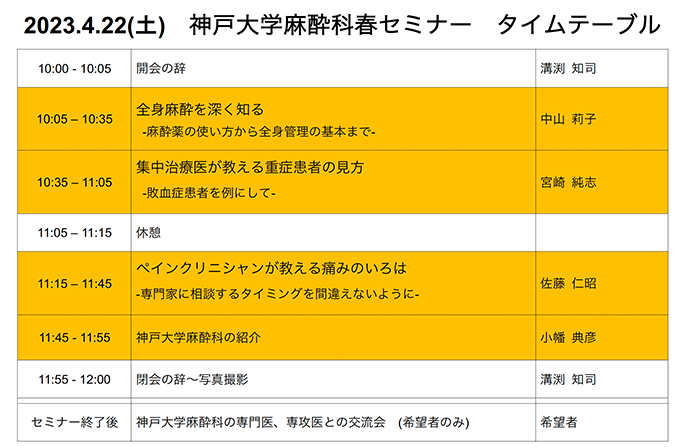 2023年4月22日(土)神戸大学麻酔科春セミナータイムテーブル