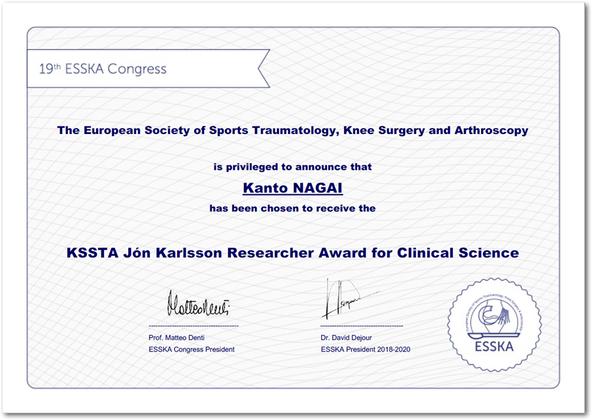 長井寛斗先生が第19回ESSKA学会で KSSTA Jon Karlsson Young Researcher Award for Clinical Science を受賞されました。